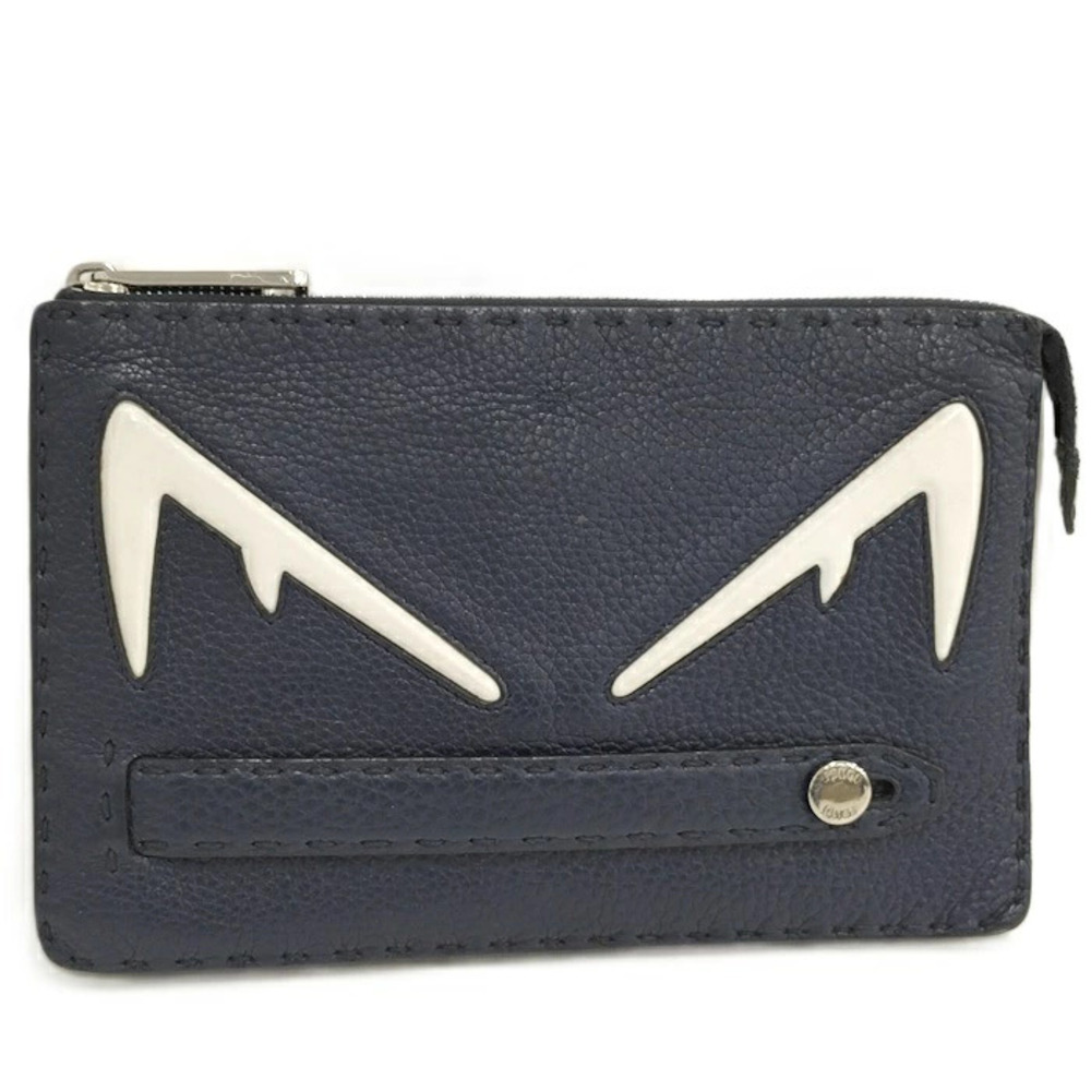 Fendi Bugs Eye Clutch Bag Leather Navy Blue